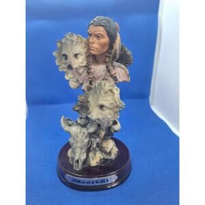 Native American Indian Chief Head Bust Two Wolf Buffalo Skull sculpture- Meerchi